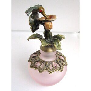 VINTAGE PINK FROSTED GLASS JEWELED PERFUME BOTTLE WITH HUMMINGBIRD
